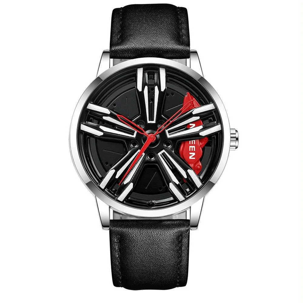 Men Metal Motorcycle Watch with Rotating Hub - Black Leather White Steel Red Surface
