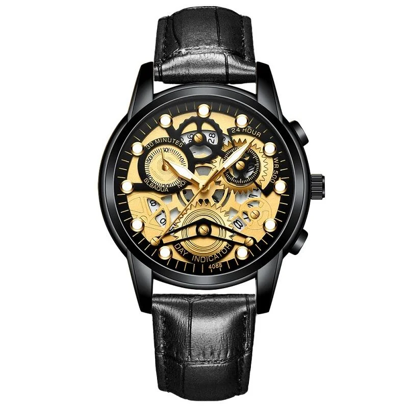 Waterproof Luminous Men Quartz Watch - Hollow Design - All Black Surface Gold Nails