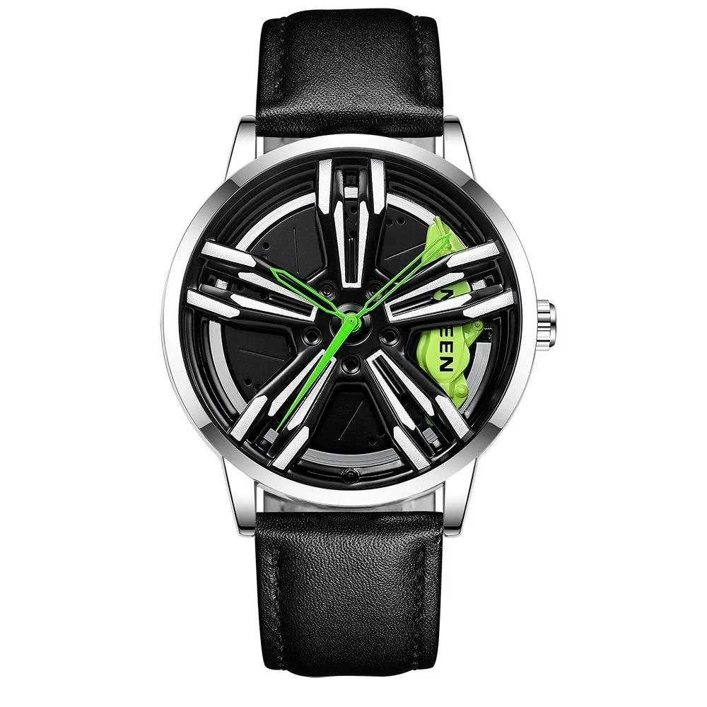 Men Metal Motorcycle Watch with Rotating Hub - Black Leather White Steel Green Surface