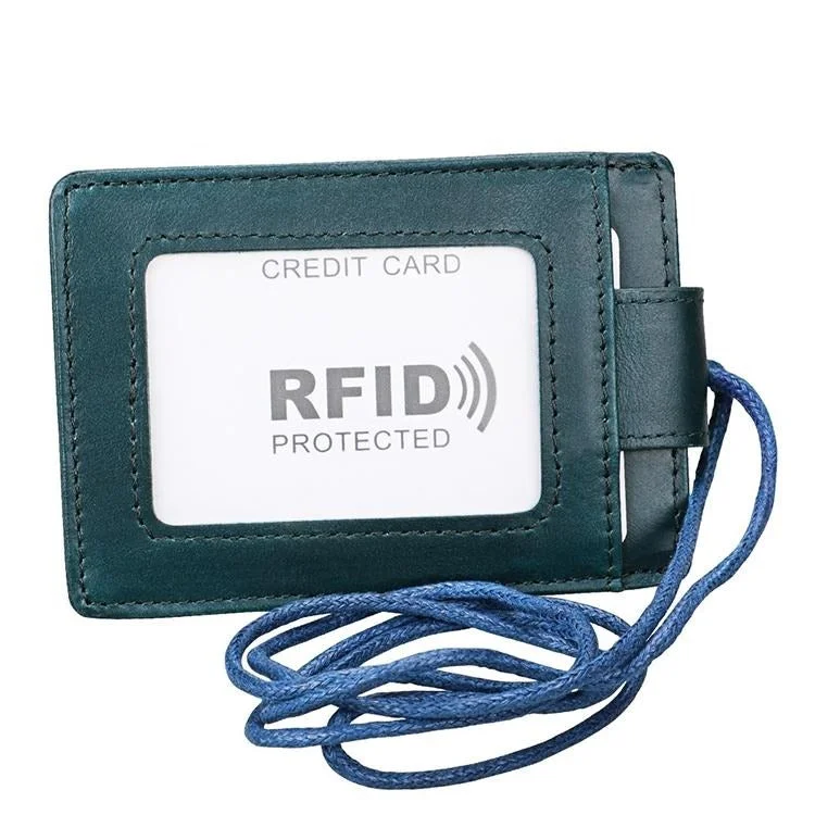 Leather Rfid Card Holder Lanyard - Compact & Secure - Blue