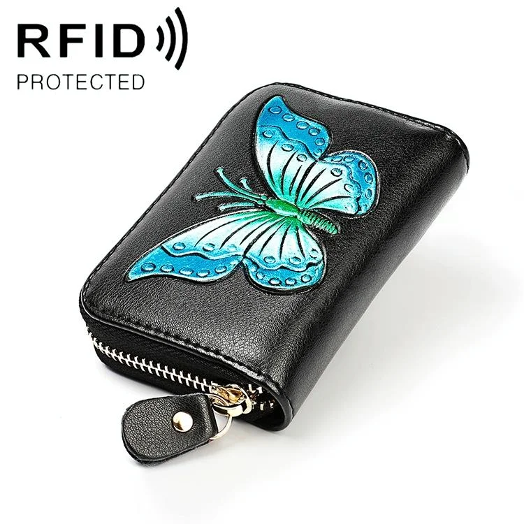 Leather Wallet with Rfid Protection and Butterfly Pattern - Blue