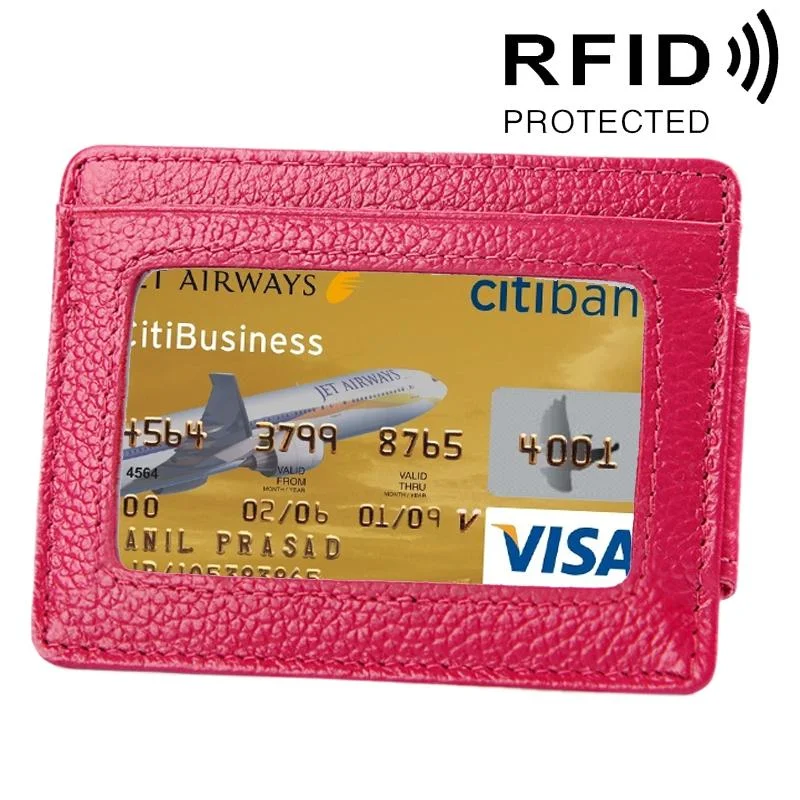 Leather Rfid Blocking Card Holder Wallet with 3 Slots and Pocket - Magenta