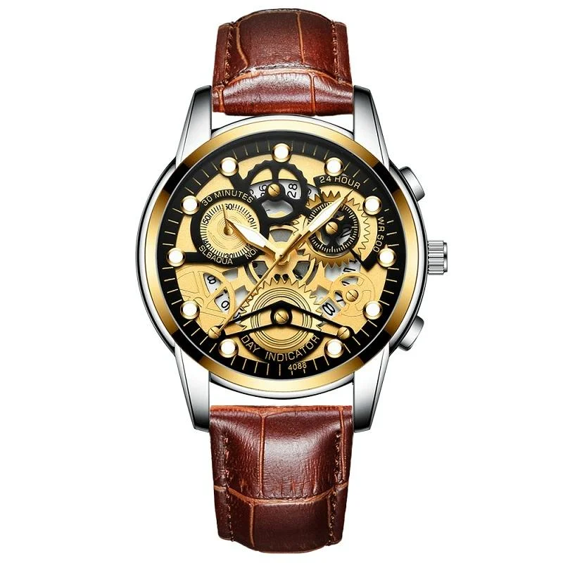 Waterproof Luminous Men Quartz Watch - Hollow Design - Brown Leather Gold Black Surface