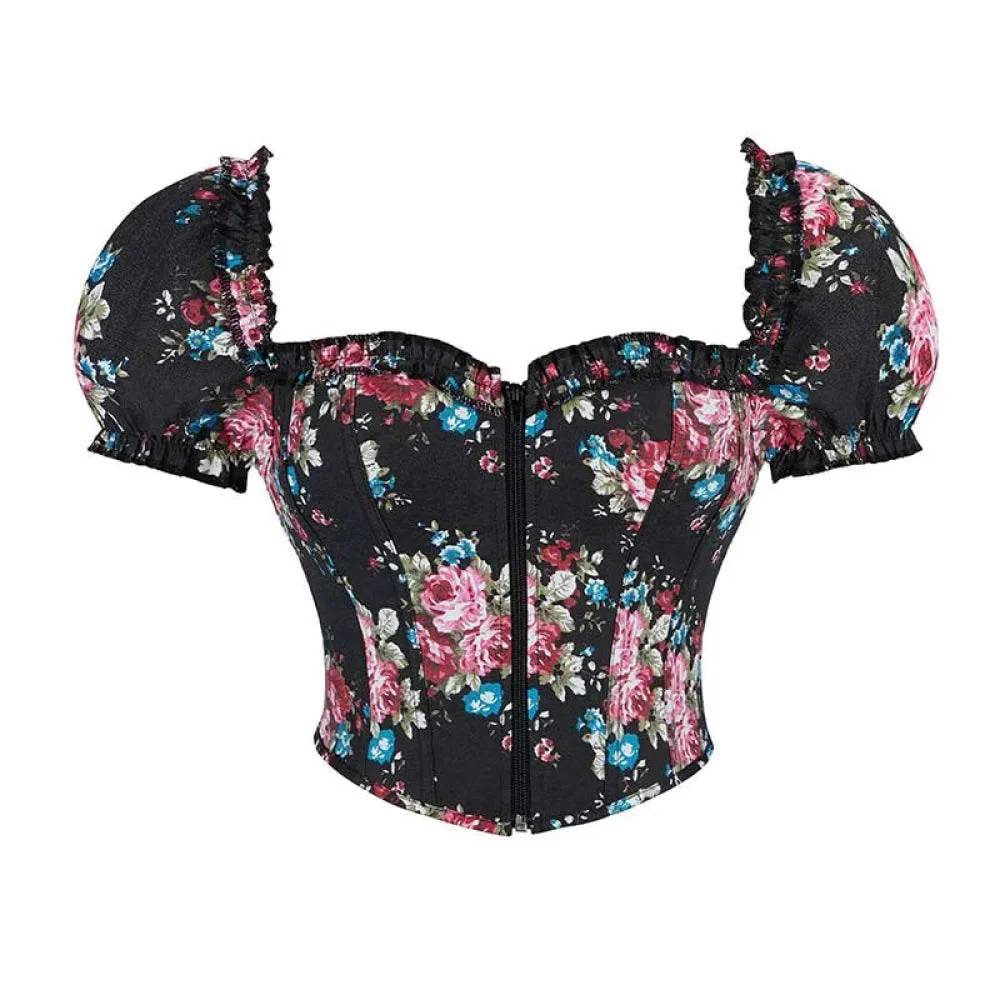 Vintage Floral Crop Top With Puff Sleeves Black / Pink / Green Denim Jeans Fabric Zip Up Corset For Women - Black - S