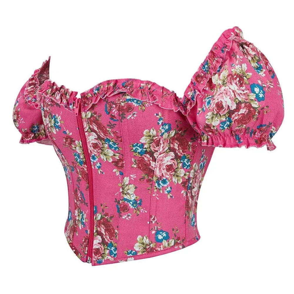 Vintage Floral Crop Top With Puff Sleeves Black / Pink / Green Denim Jeans Fabric Zip Up Corset For Women - Rose Pink - M