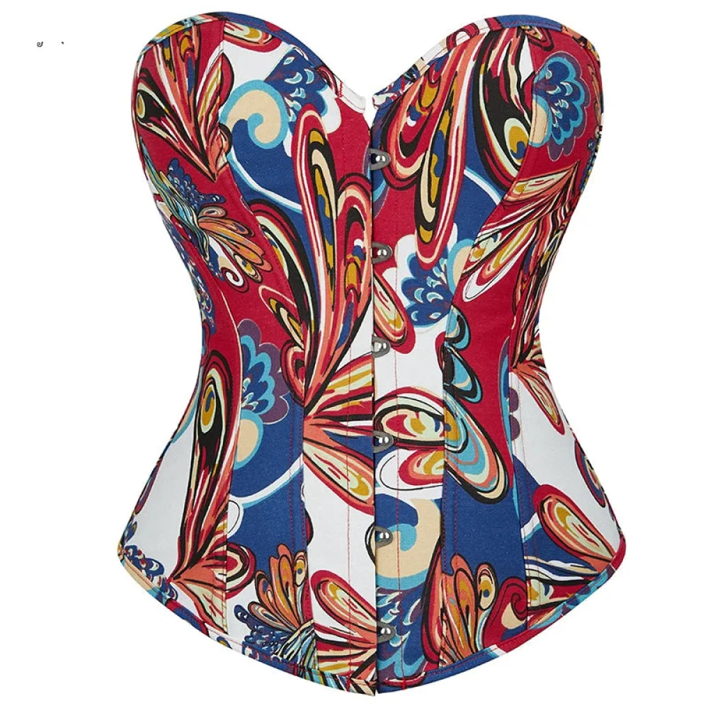 Oil Painting Strapless Overbust Corset Top Front 6 Busk Back Lace Renaissance Style For Women - Blue - Xl