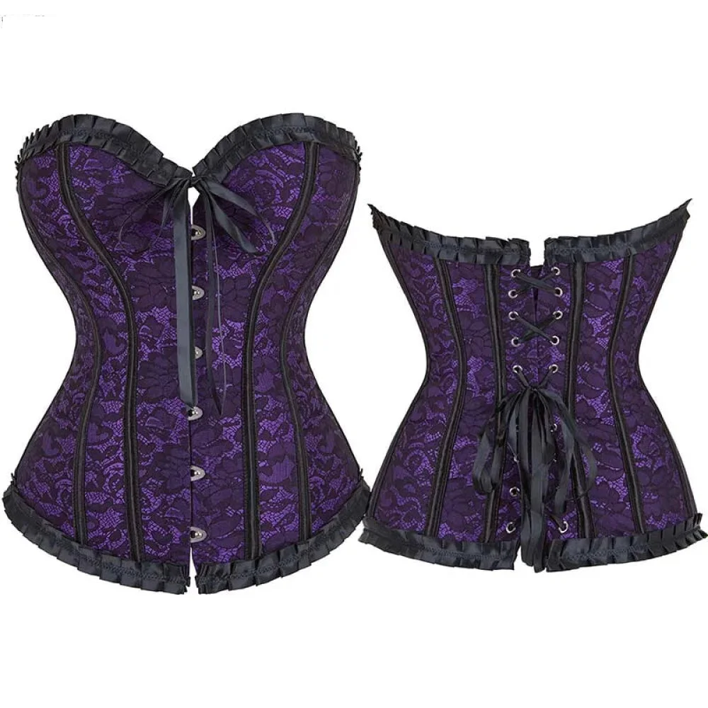 Fishbone Bow Tight Chest Binder Bustier For Gothic Dress Women 10 Red Purple Ruffled Lace Victorian Corset Top - Purple - Xs