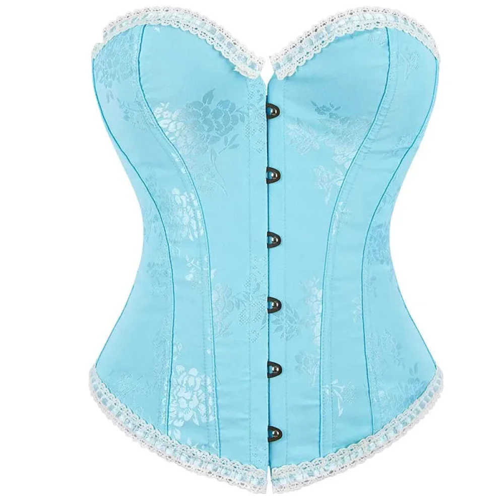 Floral Jacquard Ruffled Boned Corset Top Plus Size Xs-Xxxl Sky Blue Wedding Bridal Body Shapewear - Xxxl