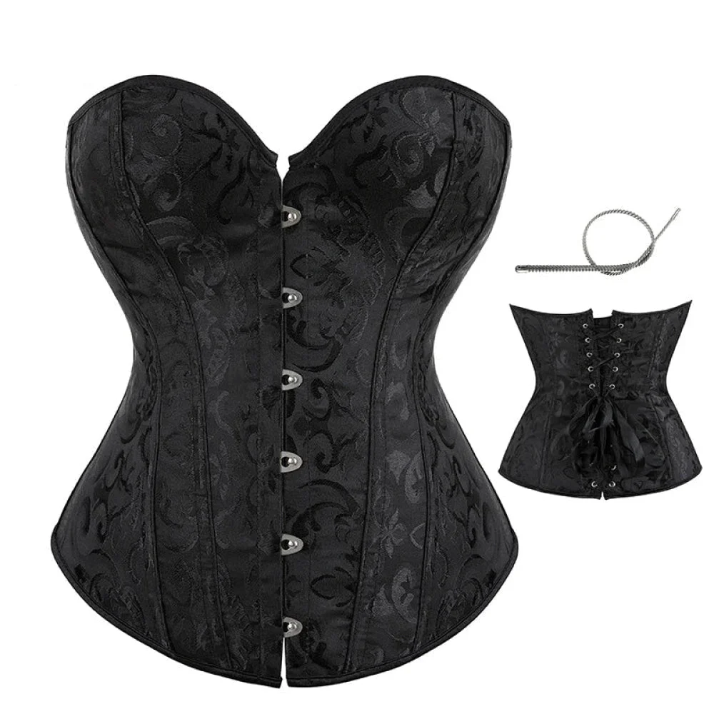 Strapless Victorian Overbust Corset 12 Spiral Steel Boned Jacquard Brocade Plus Size Xs-Xxl - Black - S