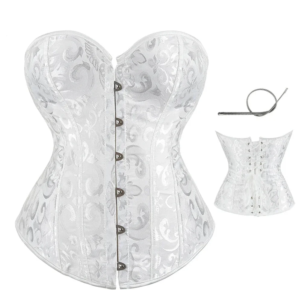 Strapless Victorian Overbust Corset 12 Spiral Steel Boned Jacquard Brocade Plus Size Xs-Xxl - White - S
