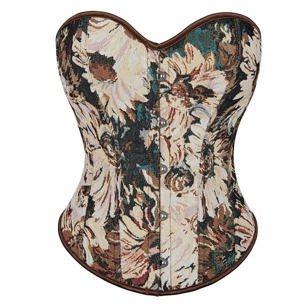 Floral Print Renaissance Corset 12 Plastic Bones Front 5 Busk Closure Plus Size - Brown 791 - S