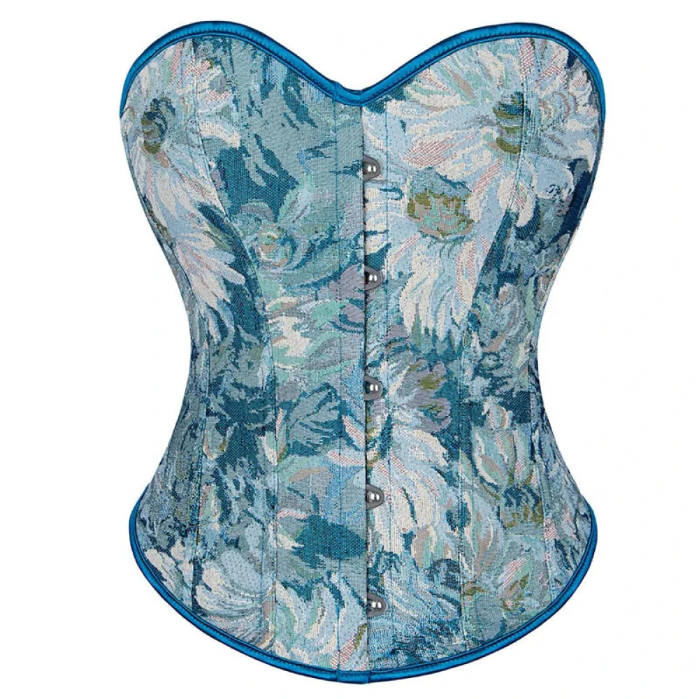 Floral Print Renaissance Corset 12 Plastic Bones Front 5 Busk Closure Plus Size - Blue 502 - M
