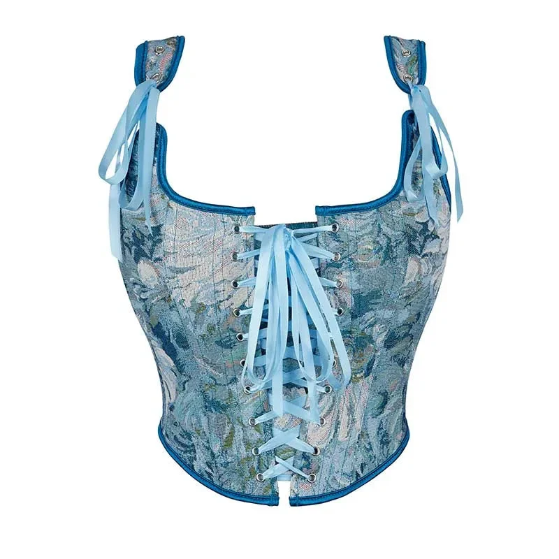 Vintage Floral Embroidered Corset Plus Size Lacing Tank Top - Blue 500 - L