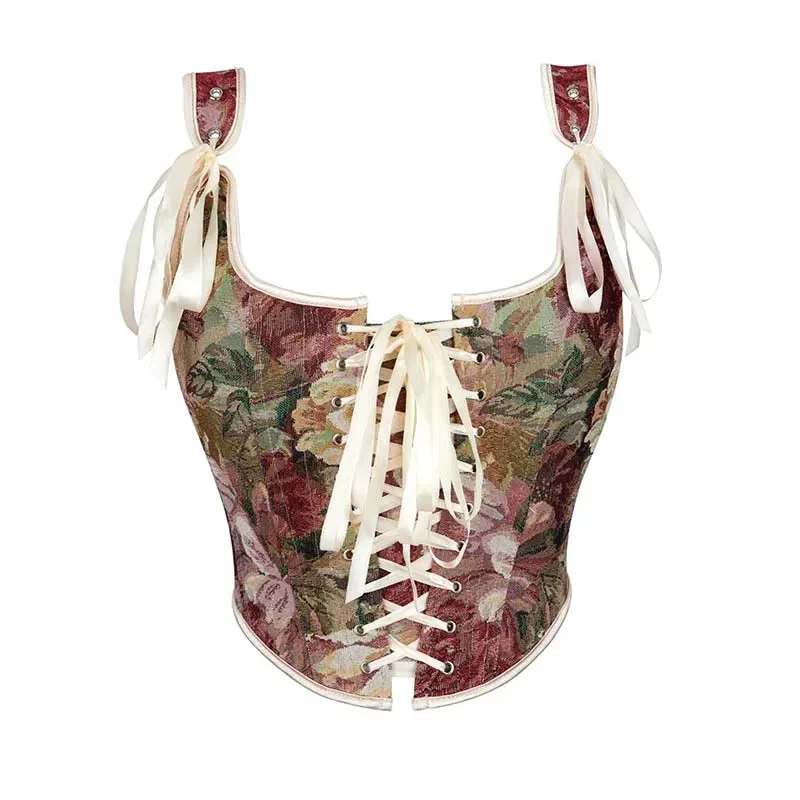 Vintage Floral Embroidered Corset Plus Size Lacing Tank Top - Khaki 785 - Xl