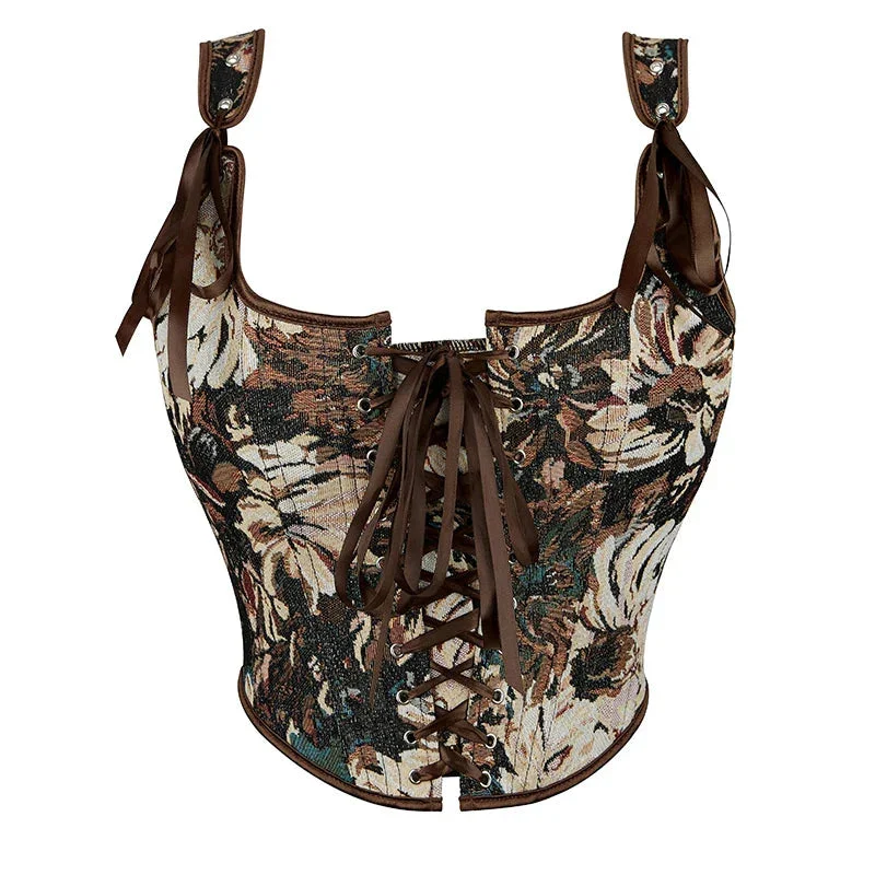 Vintage Floral Embroidered Corset Plus Size Lacing Tank Top - Brown 789 - Xxl