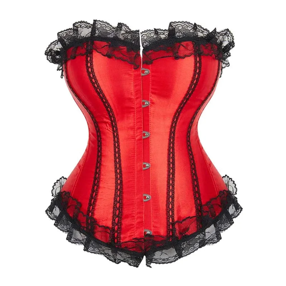 Silk Corselet With Floral Lace Trim Front 6 Busk Closure Plus Size Xs-6Xl Red - S