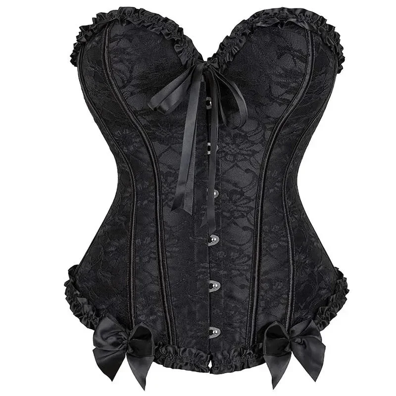Vintage Lace Overlay Corset With Bowknot Detail Lace Up Bone Pleated Mesh Women - 4Xl