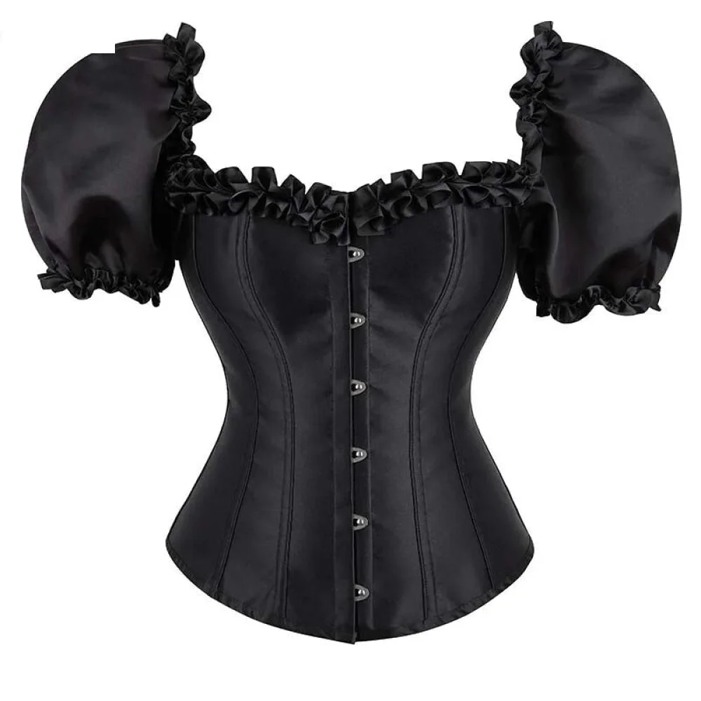 Black Lace-Up Ruffled Corset Bustier Plus Size S-6Xl - L