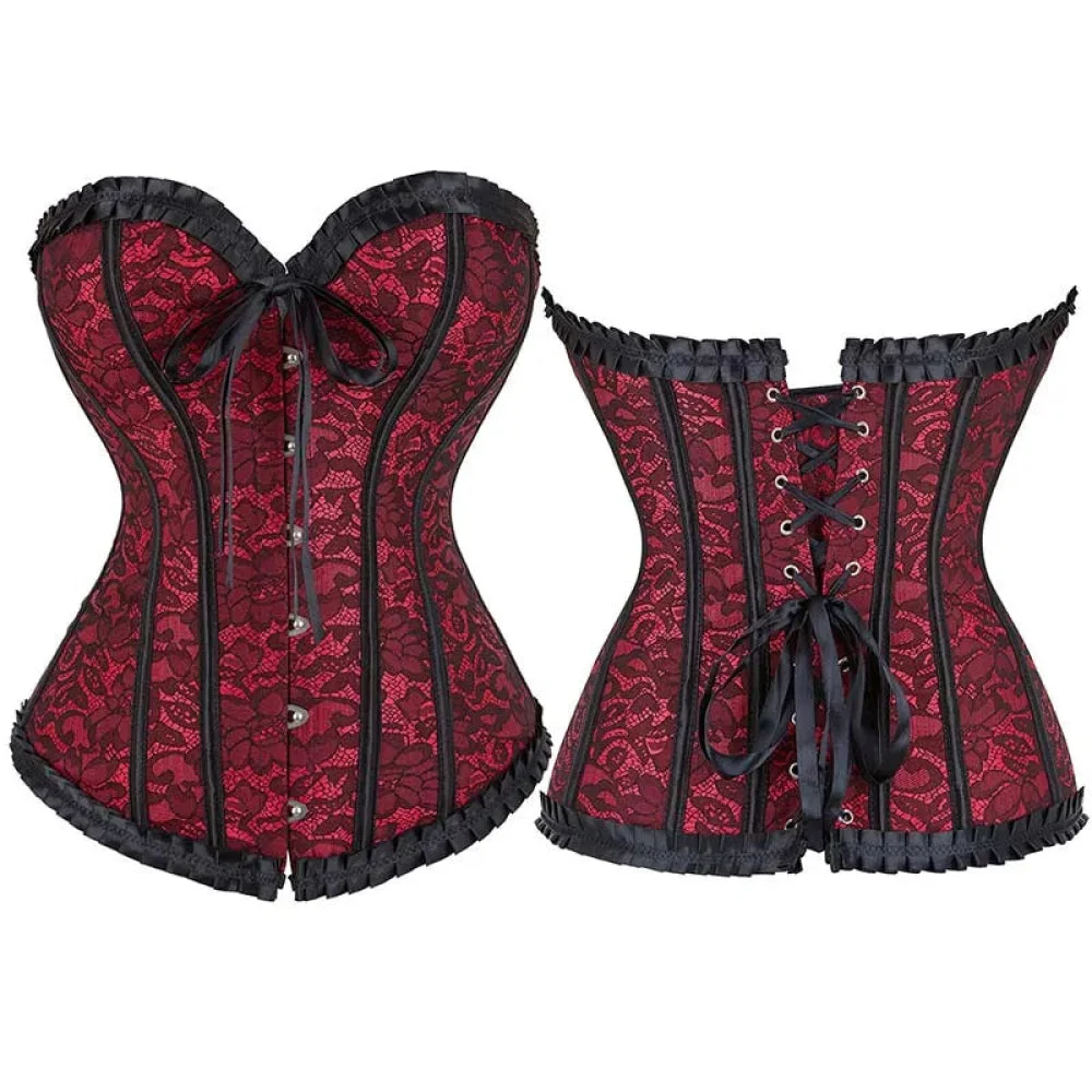 Vintage Floral Lace Up Overbust Corset For Mature Women Sizes Xs-6Xl - Red - S