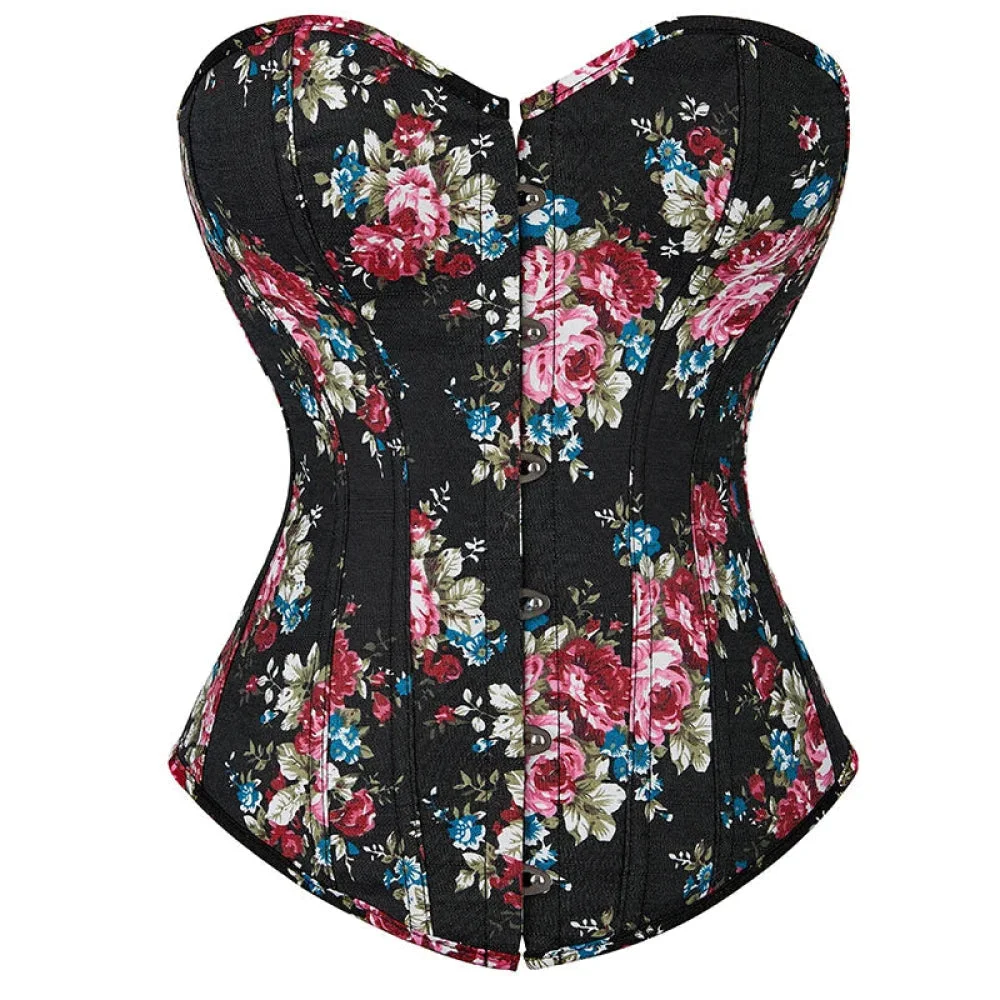 Vintage Floral Denim Corset Plus Size S-Xxl Lace Up Boned Overbust Fashionable - Black - 6Xl