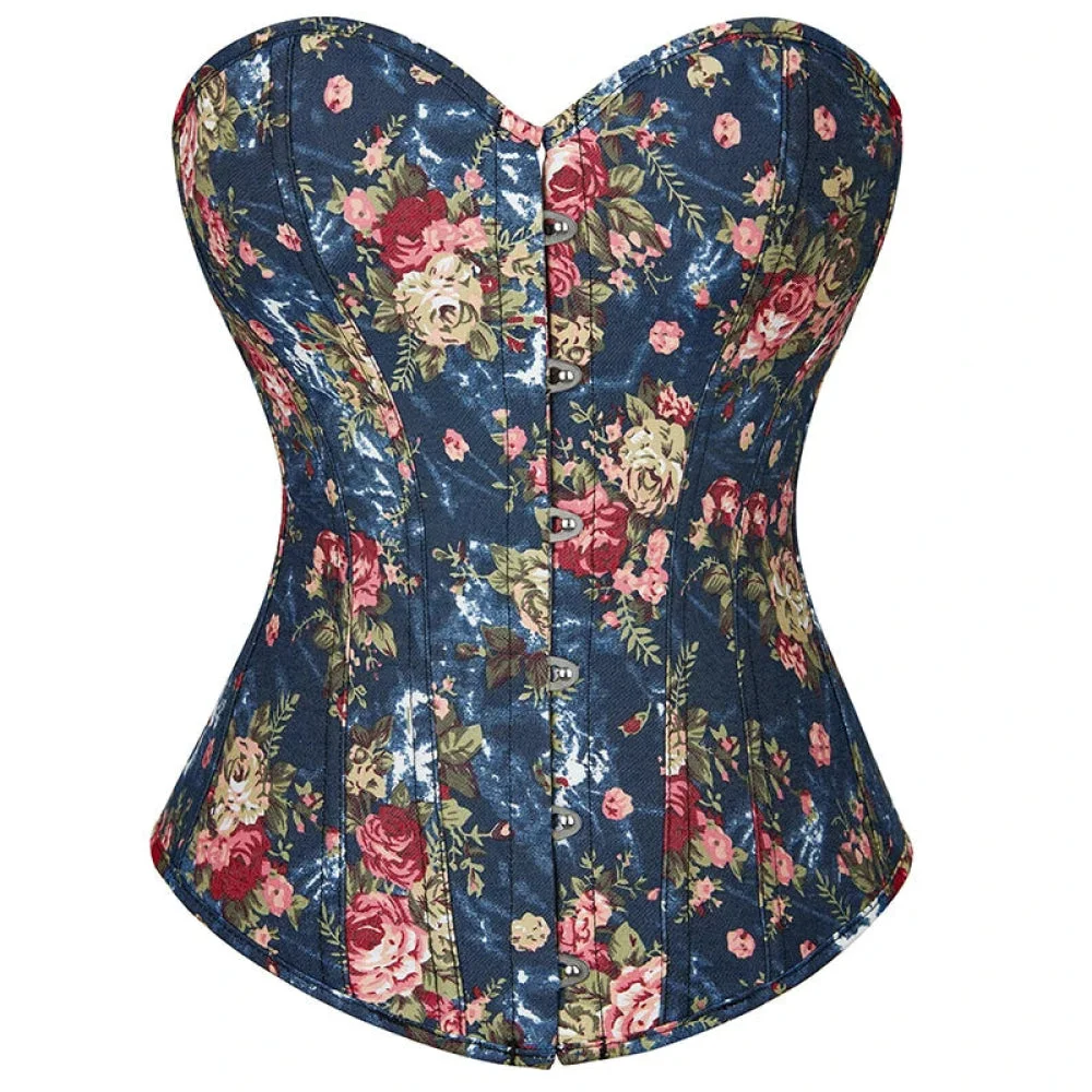 Vintage Floral Denim Corset Plus Size S-Xxl Lace Up Boned Overbust Fashionable - Blue - 4Xl