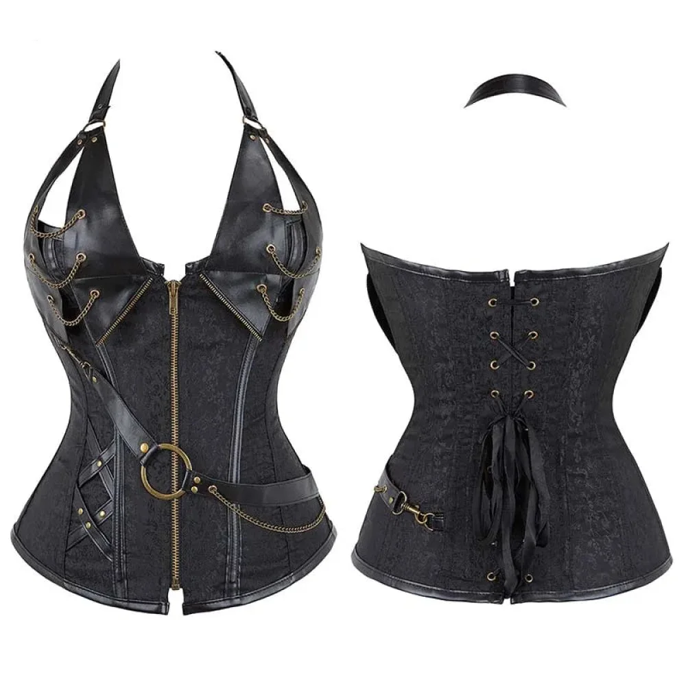 Deep V Halter Chest Binder Bustier Black Brown Steampunk Gothic Corset Plus Size With Zip - Black - Xxl