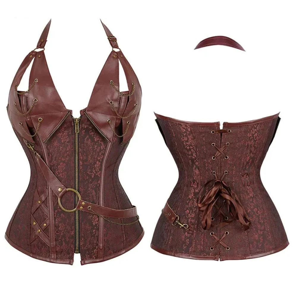 Deep V Halter Chest Binder Bustier Black Brown Steampunk Gothic Corset Plus Size With Zip - Brown - Xxl