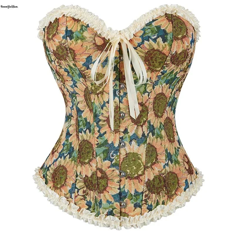 Sunflower Print Lace Trim Bustier Corset Front Busk Closure Back Lace Boned Ruffled Vintage Style Plus Size Xs-Xxl - Xs