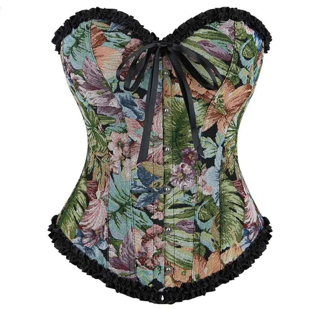 Floral Print Lace Trimmer Boned Strapless Corset Gothic Vintage Style - L