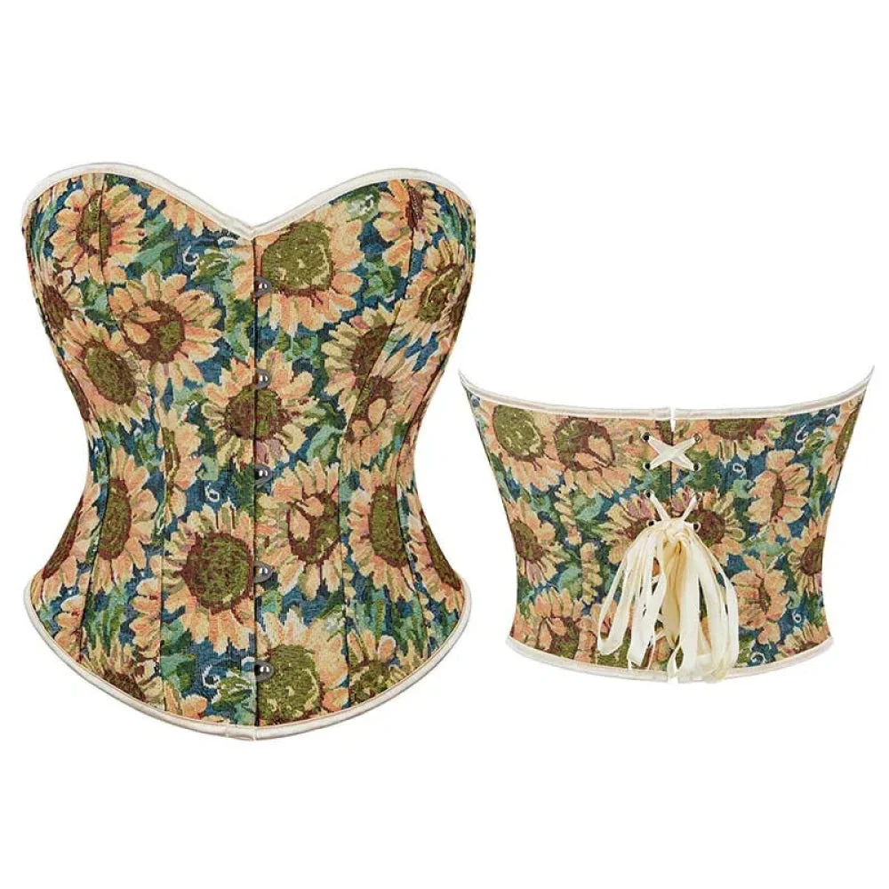 Floral Sunflower Lace Bustier Plus Size Xs-Xxl Front Busk Lace Up Boned Strapless Seamless Corset - M