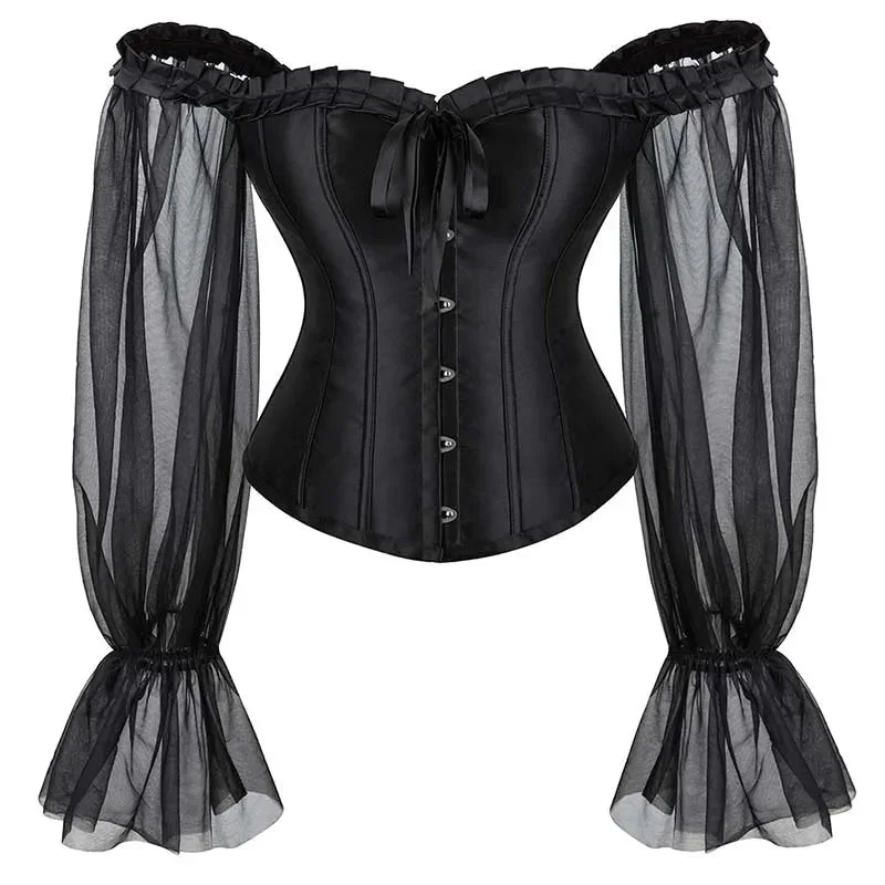 Ruffled Gothic Corselet Top With Puff Sleeves And Lace-Up Boning Transparent Satin Overbust Corset For Women - 4Xl