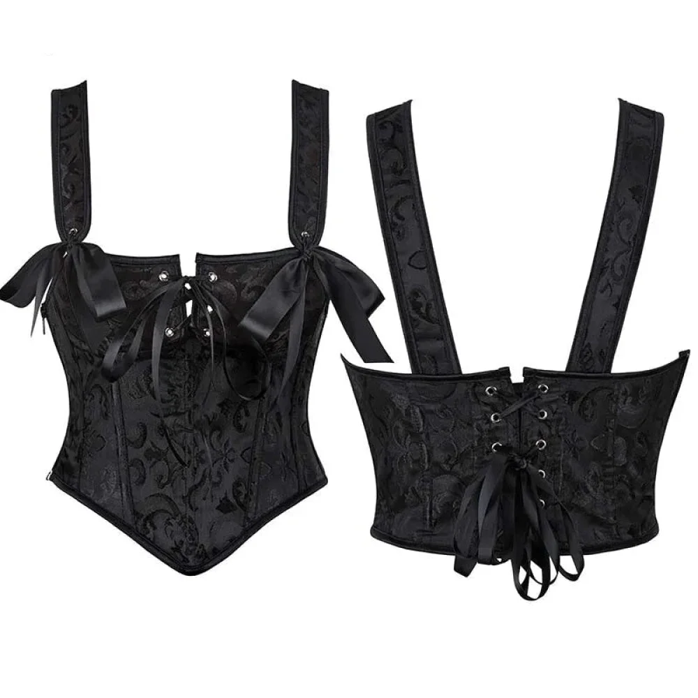 Floral Lace-Up Gothic Crop Top Sleeveless Boned Corset With Strap - S