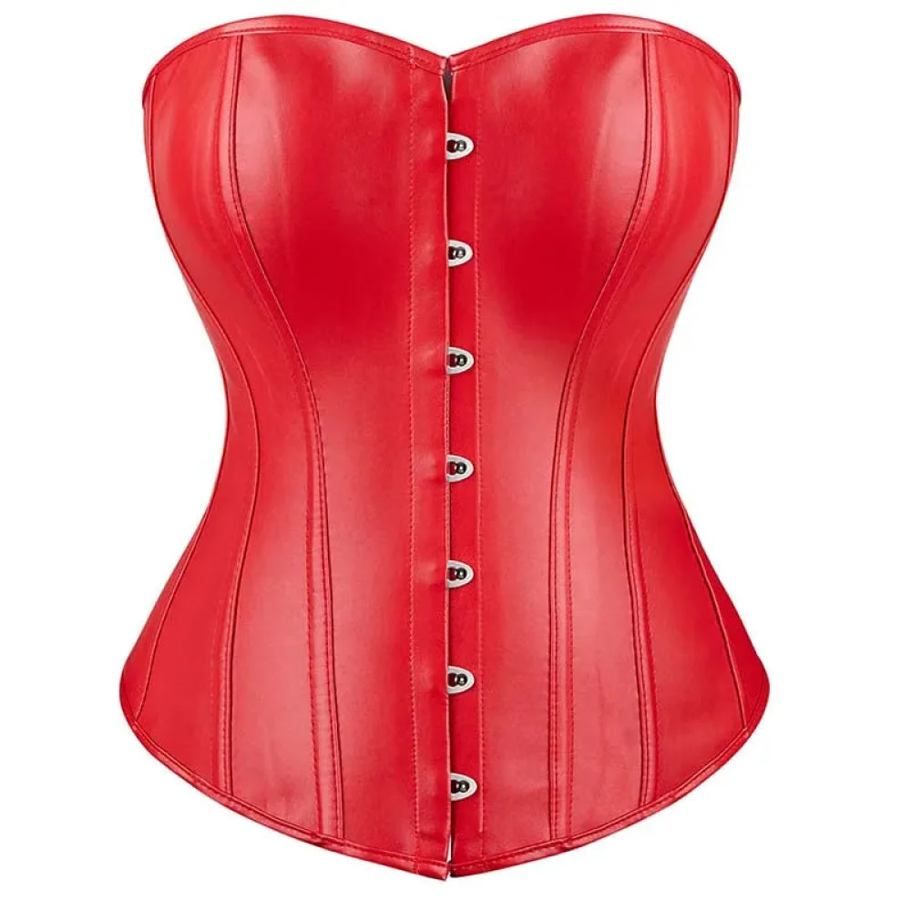 Black Leather Plus Size Corset Slimming S-6Xl Bustier With Lace-Up Boning And Pleated Design - Red - Xxxl