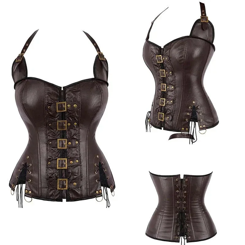 Steampunk Corselet With Zip & Buckle Women Gothic Fishbone Corset - Brown - Xs