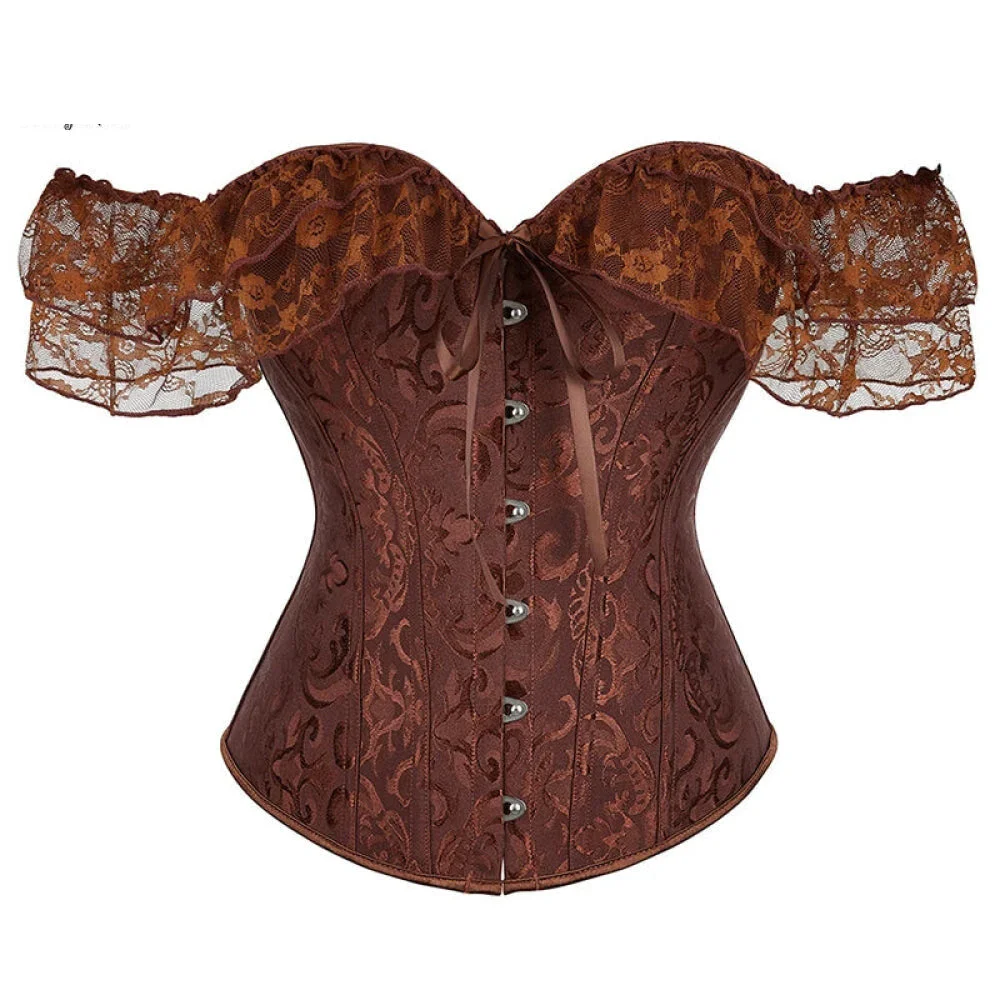 Brown Steampunk Corset With Front Busk Closure Floral Lace And Puff Sleeves - Brown - L