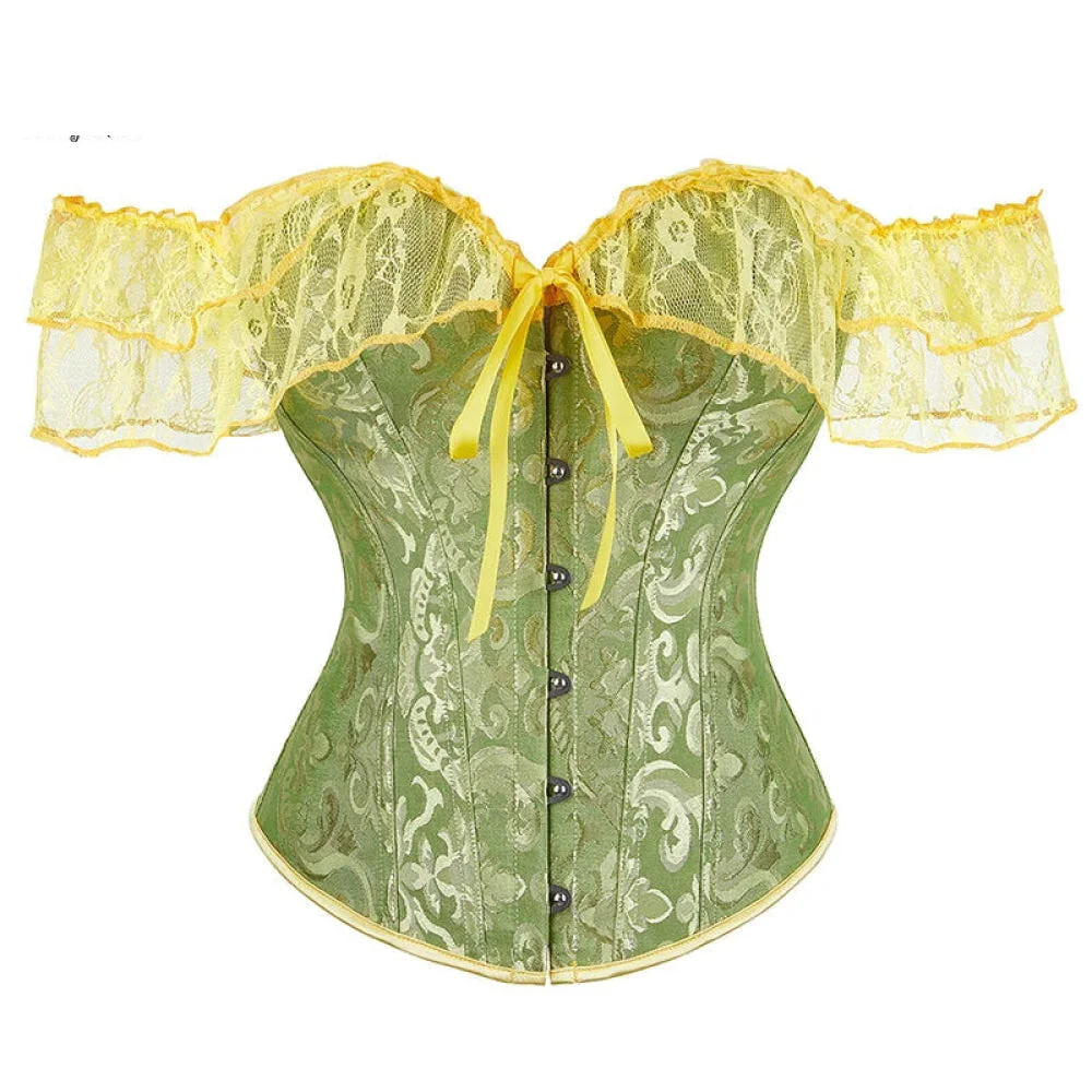 Brown Steampunk Corset With Front Busk Closure Floral Lace And Puff Sleeves - Green - Xxxl