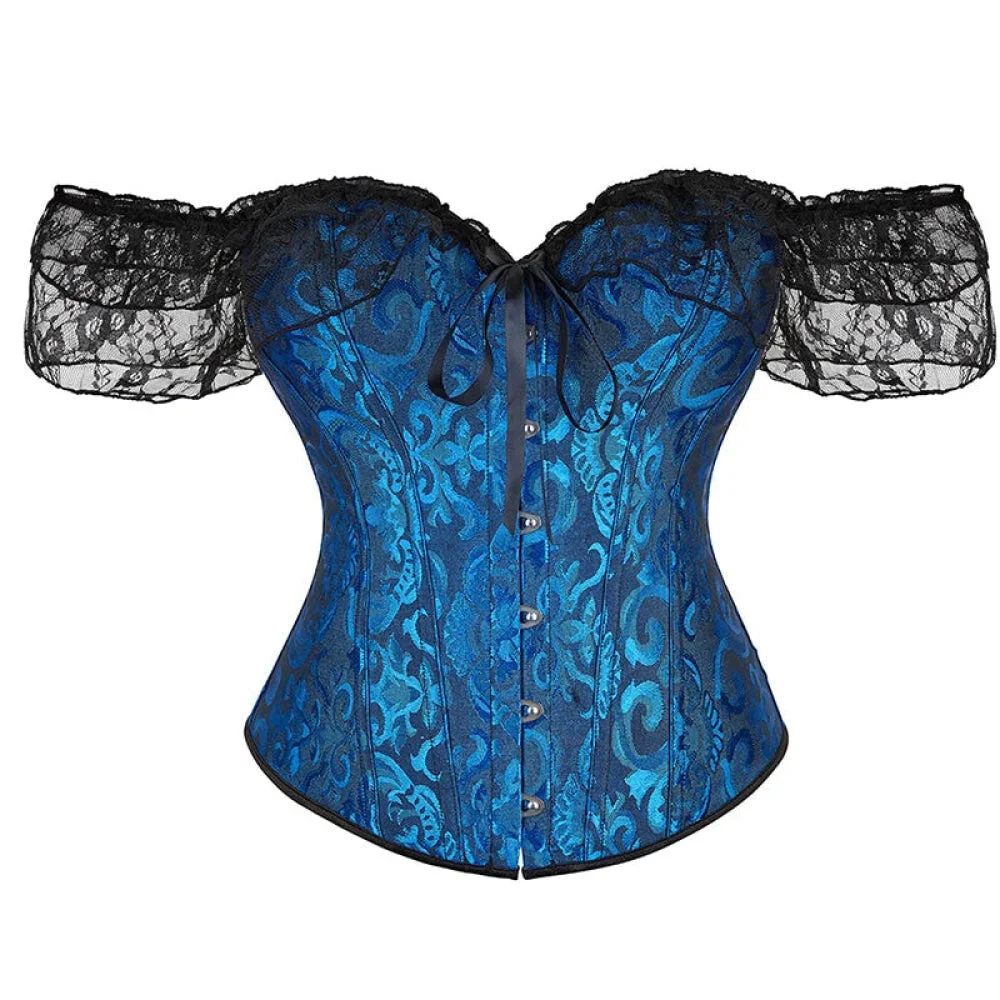 Brown Steampunk Corset With Front Busk Closure Floral Lace And Puff Sleeves - Dark Blue - 5Xl