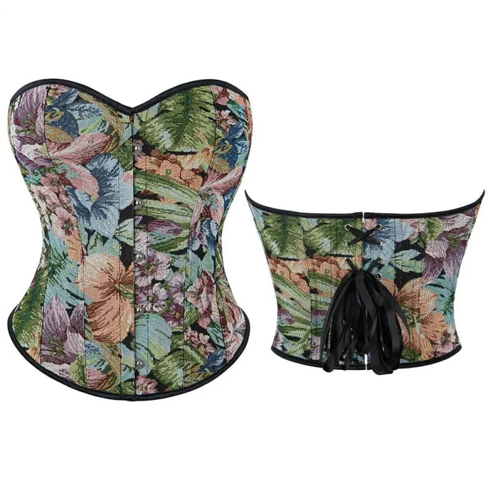 Floral Print Overbust Corset Monet Garden Style Lace Up Slimming Shapers - Xs