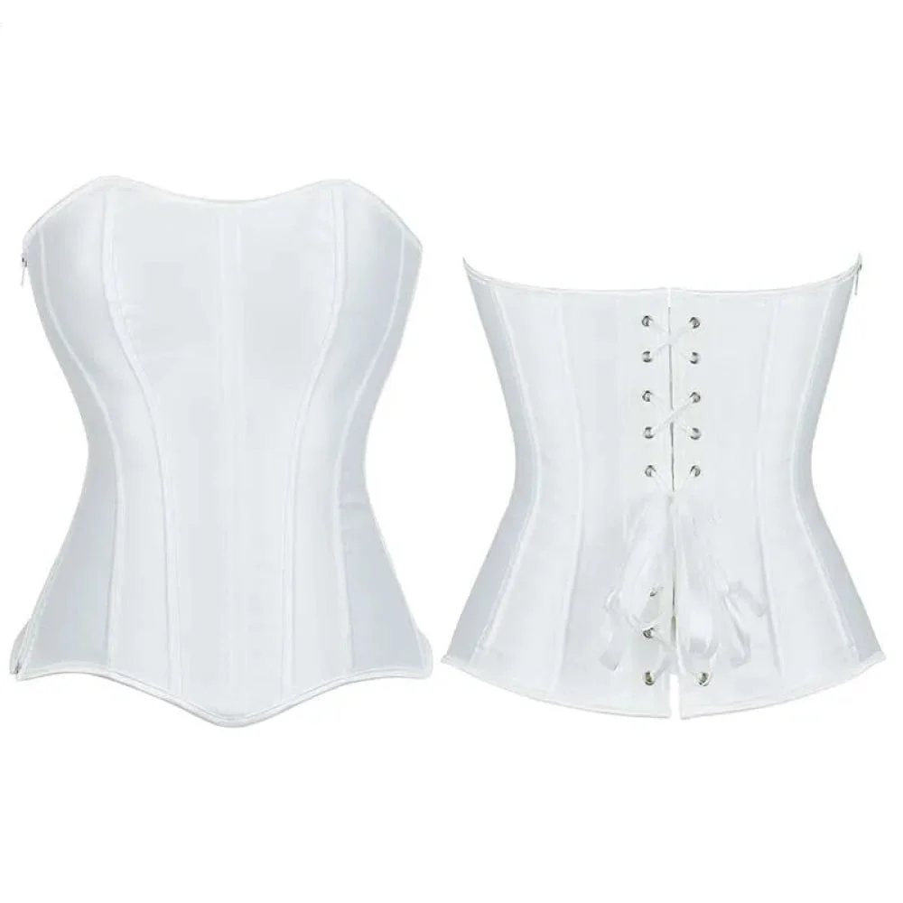 Fish Bone Supported Black White Bridal Bustier Corset Top Plus Size With Zip - White - L