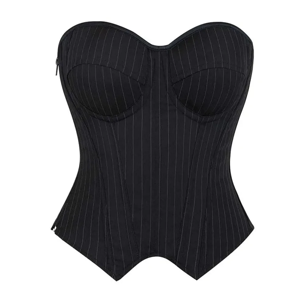 Push Up Pin Stripe Bustier Lace Up Boned Corset Top For Women - Black - Xl