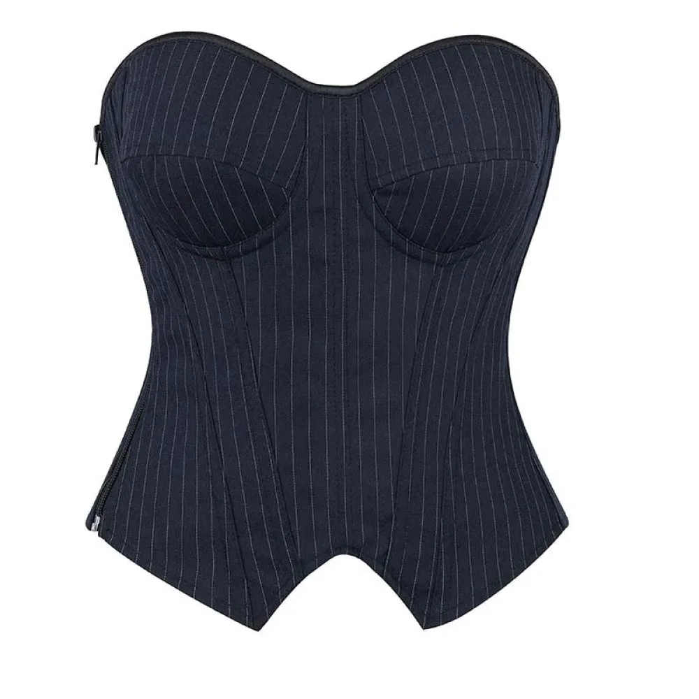 Push Up Pin Stripe Bustier Lace Up Boned Corset Top For Women - Navy Blue - Xl