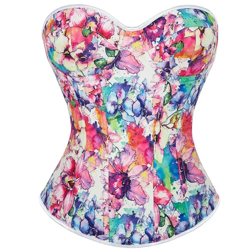 Floral Print Vintage Corselet Ultra-Lift Lace Up Boned Corset Bustier With Padded Bra - S