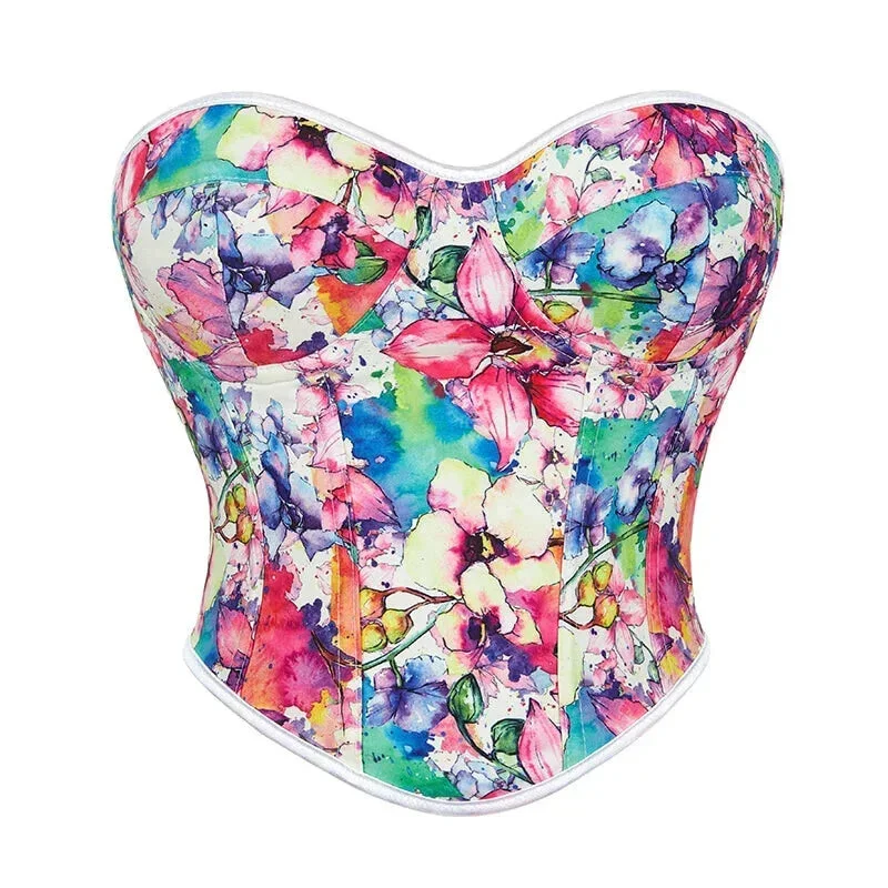 Floral Print Lace Bustier Plus Size S-Xxl Strapless Corset With Boning And Lace-Up Closure - S