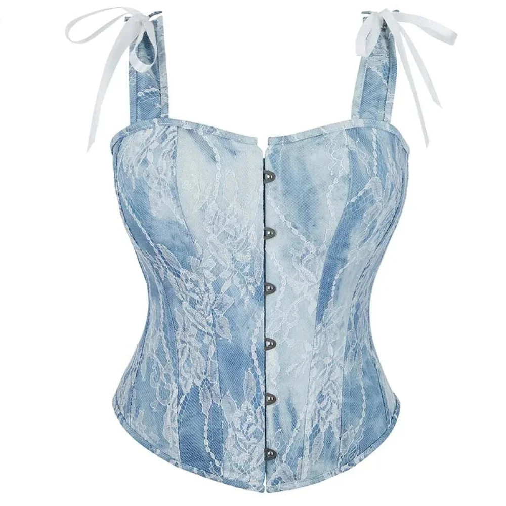 Steampunk Lace Corset Bustier With Floral Overlay And Fishbone Support - L