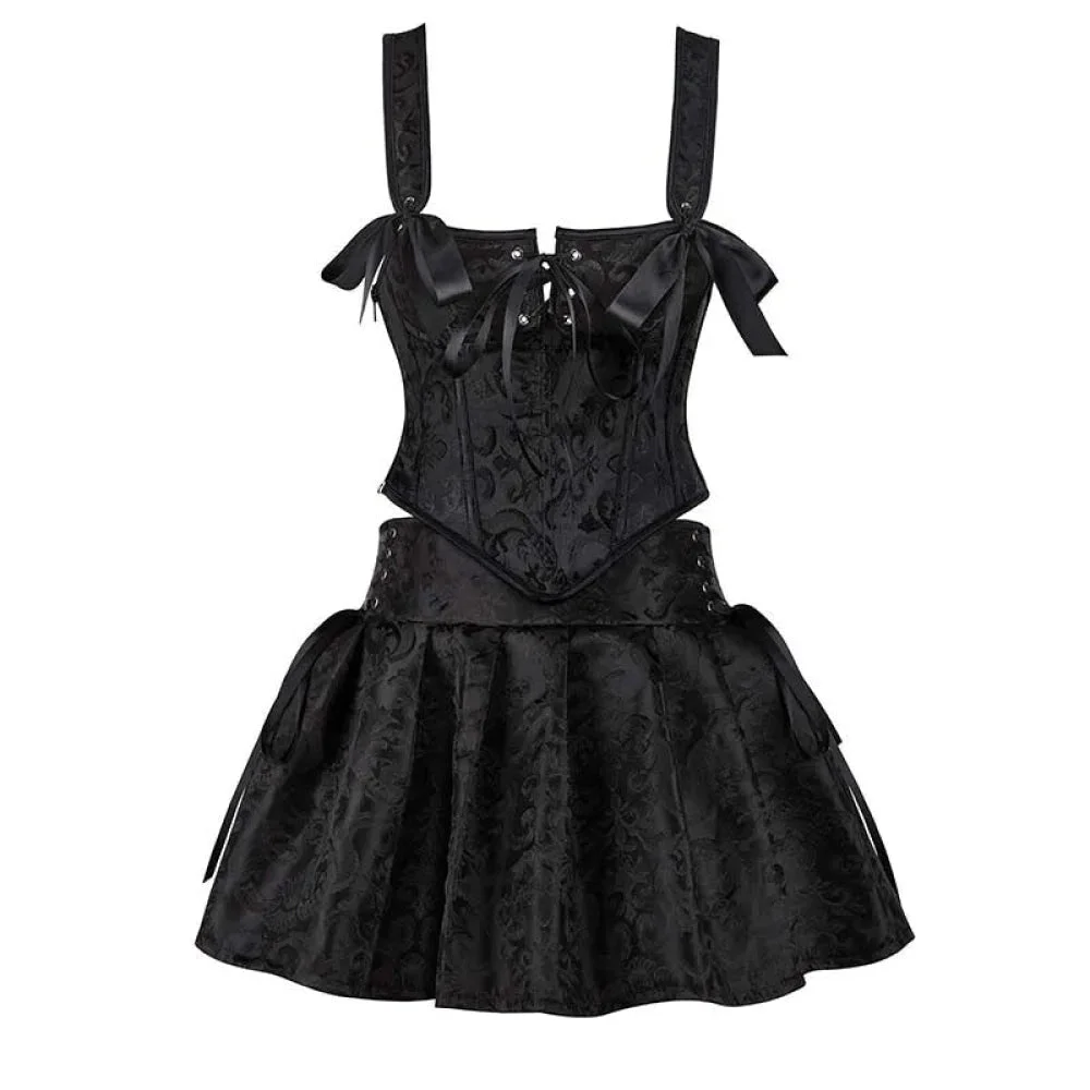 Floral Jacquard Lace-Up Boned Corset Dress With Fishbone Support And Gothic Crop Top Skirt Set - 4Xl