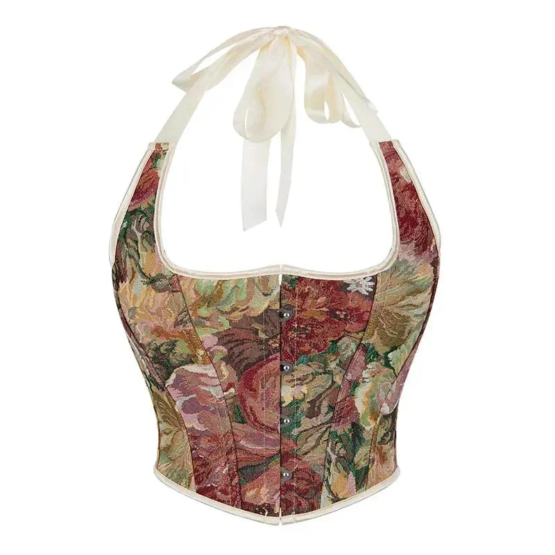 Retro Floral Print Halterneck Corset Top Front Busk Closure Plus Size Xs-Xxl - M