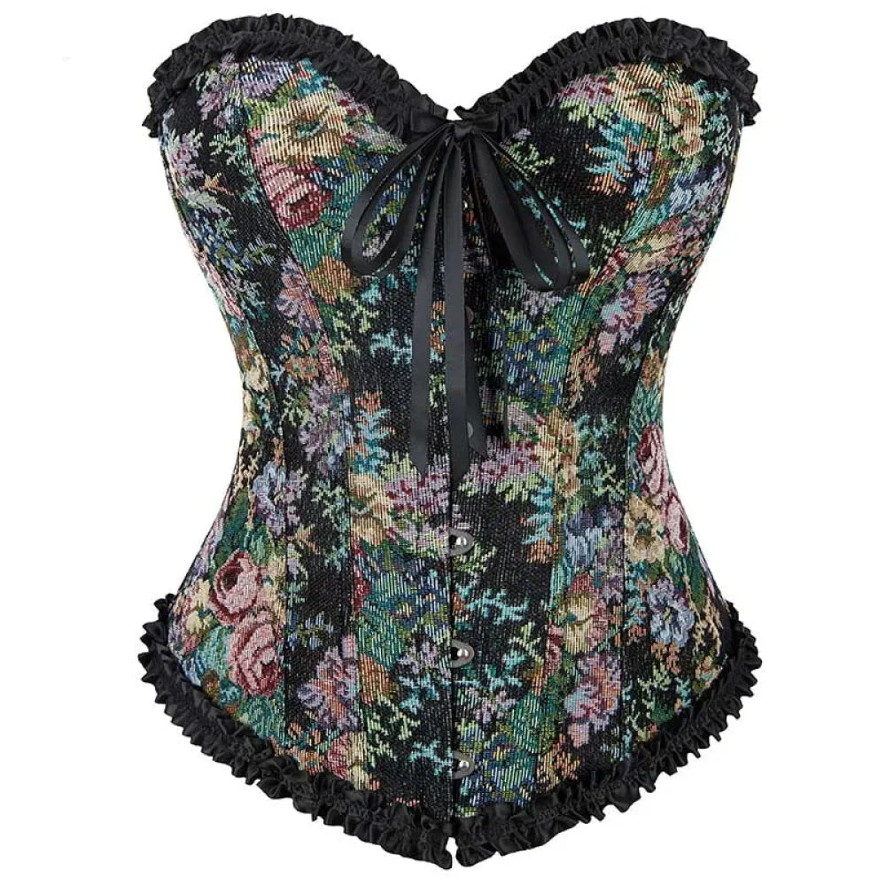 Rose Print Denim Jeans Corset Black Plus Size Burlesque Renaissance Vintage - S