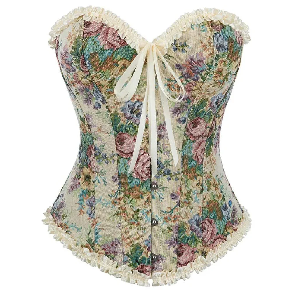Floral Lace Trim Overbust Corset Women 1920S Retro Bustier With Boning And Front Busk Closure - 526 - Xxl