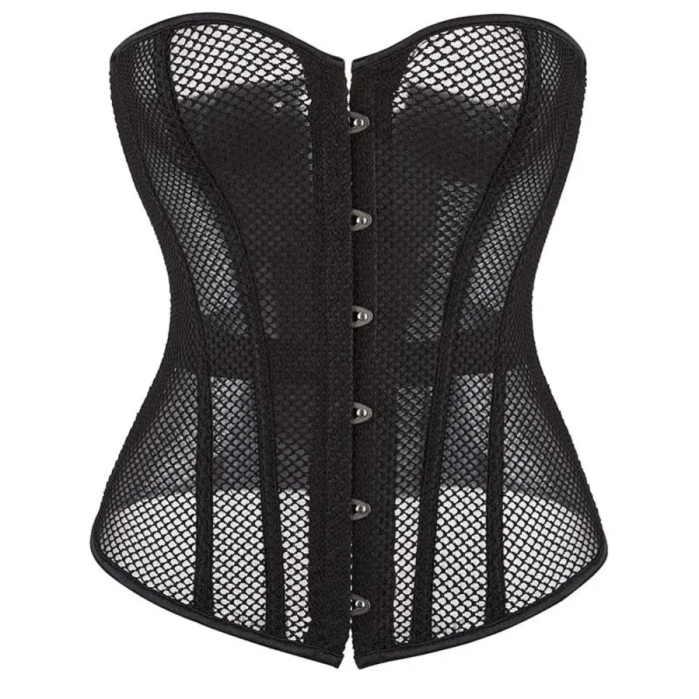 Fish Bone Gothic Mesh Net Patchwork Satin Overbust Corset Plus Size Xs-6Xl - Xl