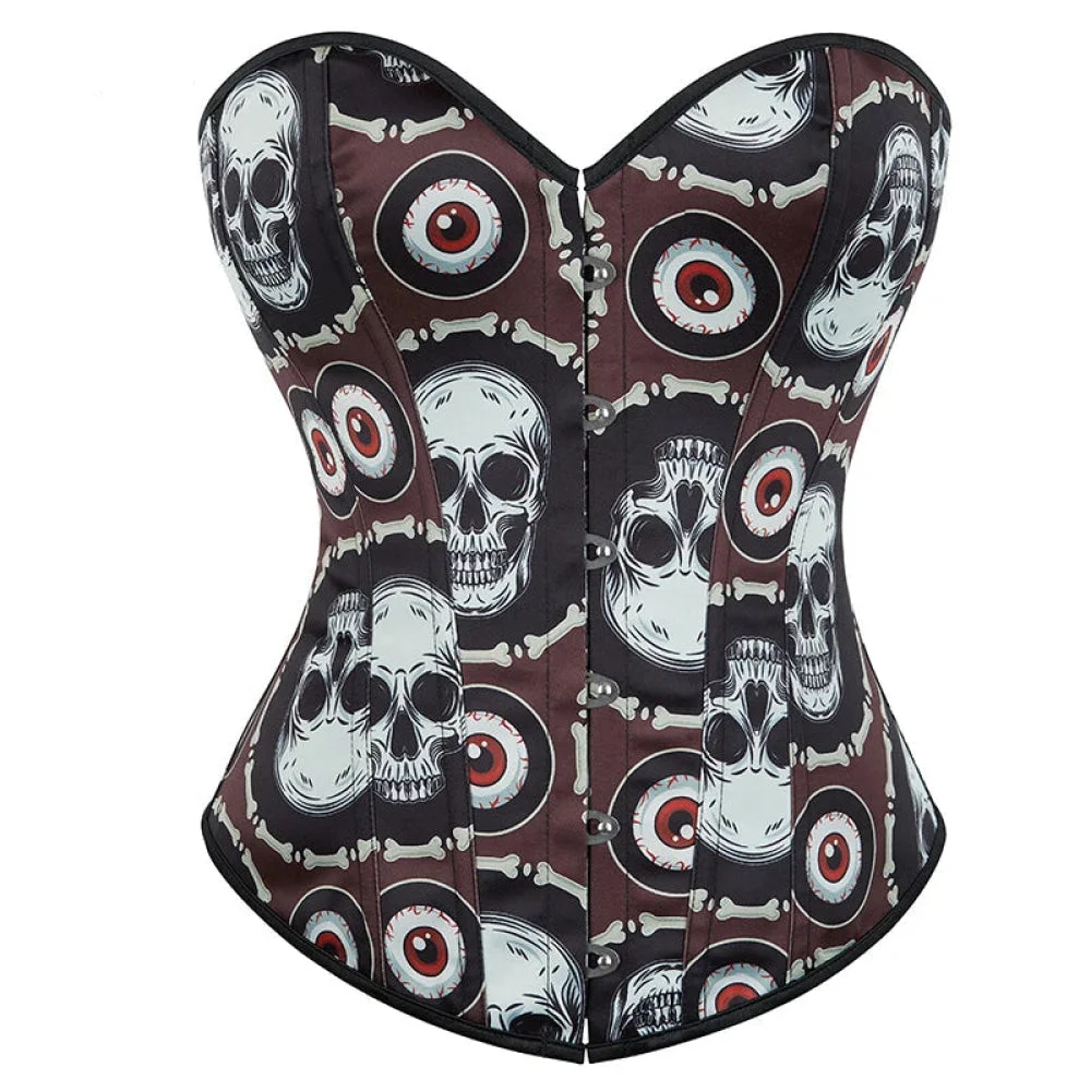 Skull Print Gothic Corset Front Busk Closure Lace Up Boned Plus Size Xs-Xl - L